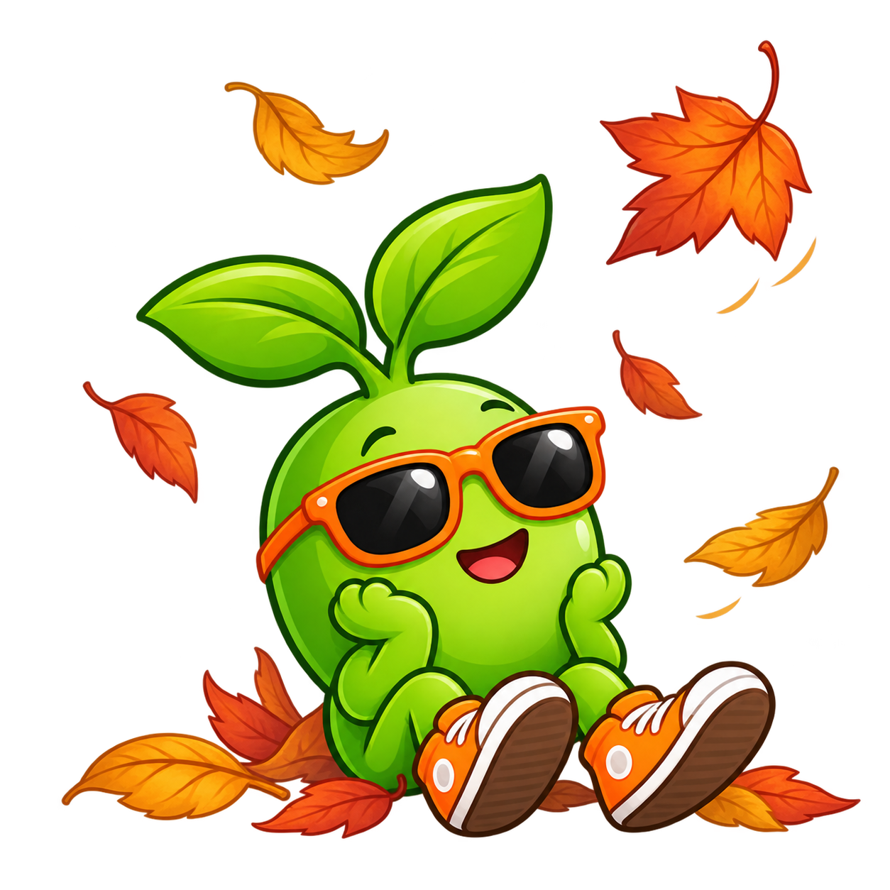 Magic Bean in orange sunglasses relaxing among falling autumn leaves