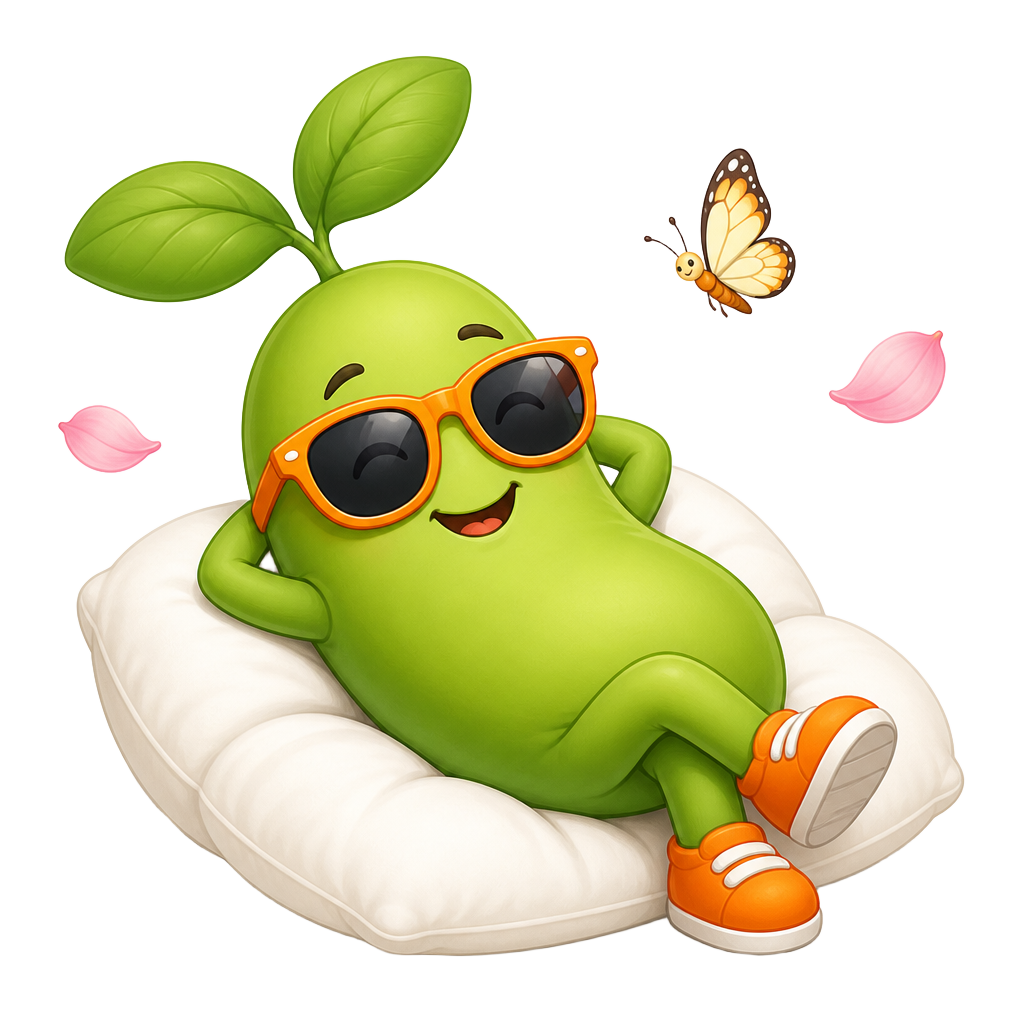Magic Bean with orange sunglasses and orange shoes reclining peacefully, with soft pink petals and a small butterfly floating nearby
