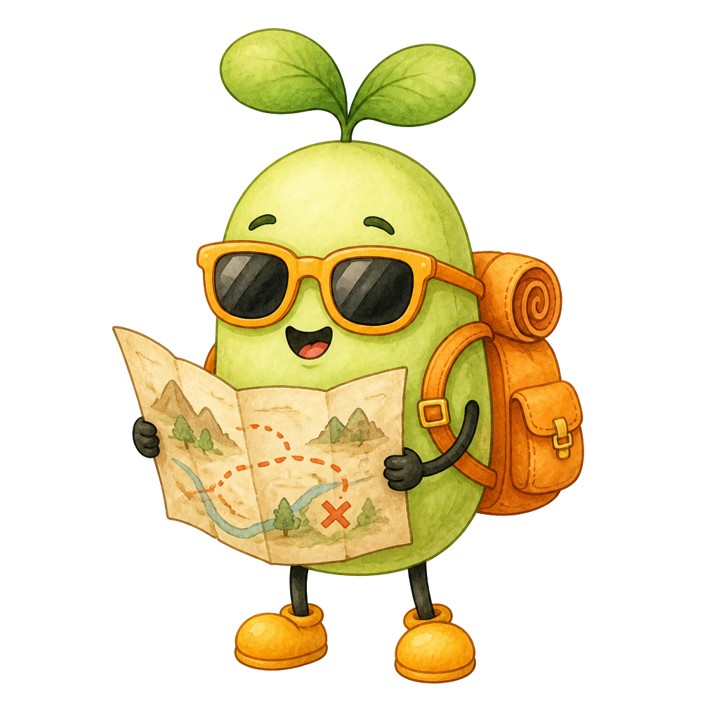 Magic Bean wearing orange sunglasses, orange shoes and an explorer backpack, holding an open map and looking forward with curiosity