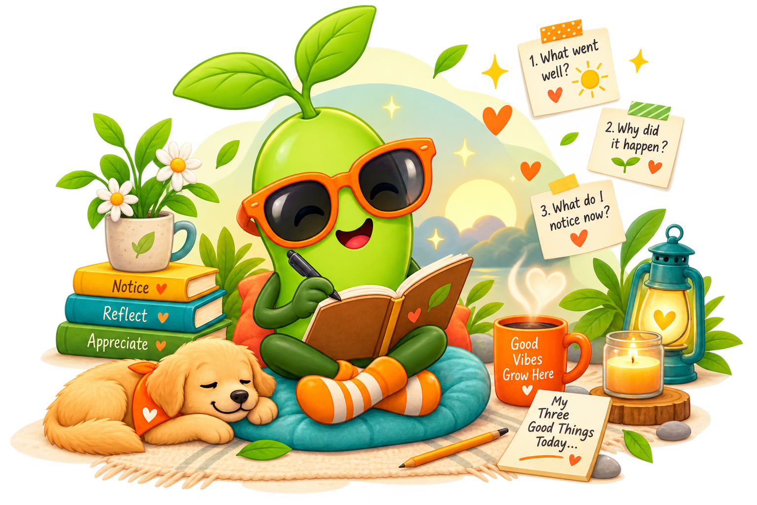 Magic Bean with orange sunglasses writing in a journal, surrounded by books, a sleeping puppy and evening reflection notes