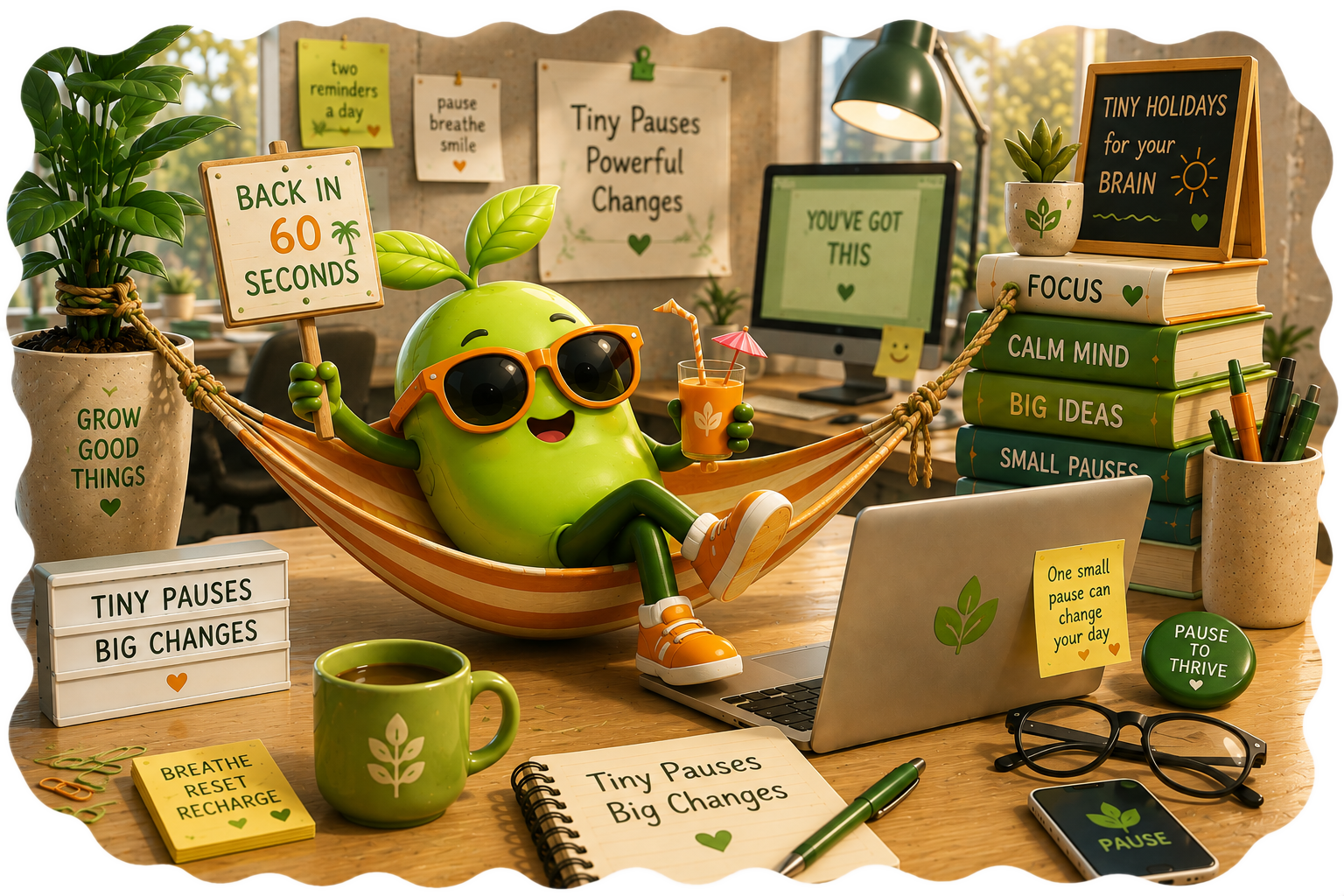 Magic Bean with orange sunglasses relaxing in a hammock on a busy desk, holding a BACK IN 60 SECONDS sign and a little orange drink