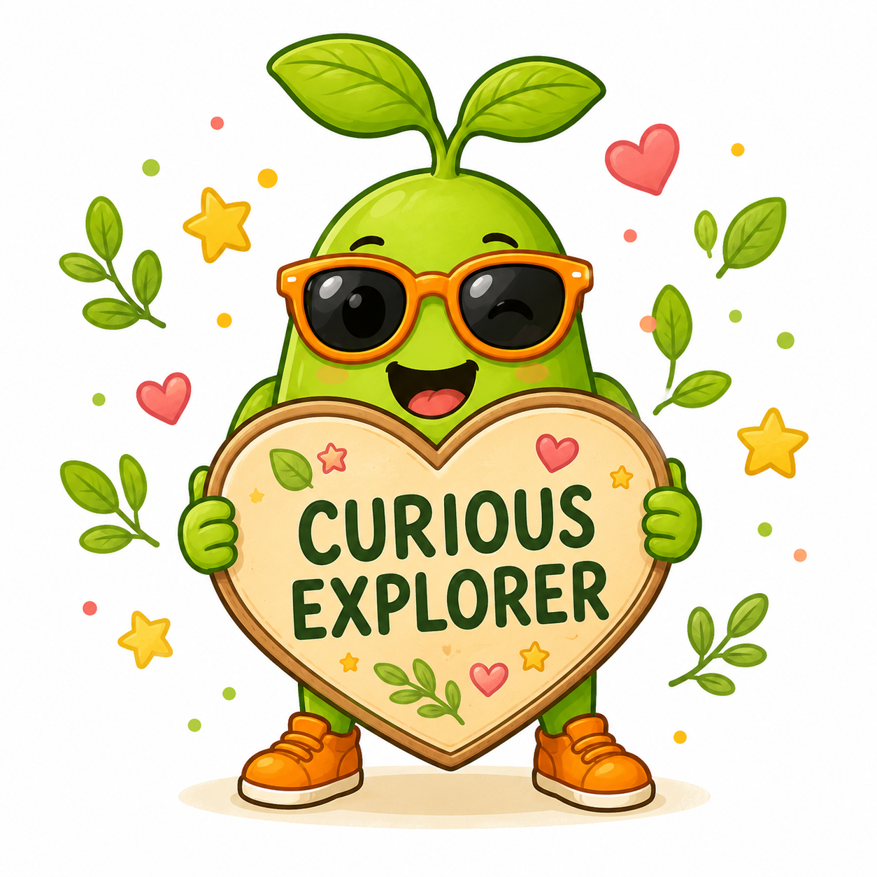Magic Bean holding a heart-shaped sign that reads Curious Explorer