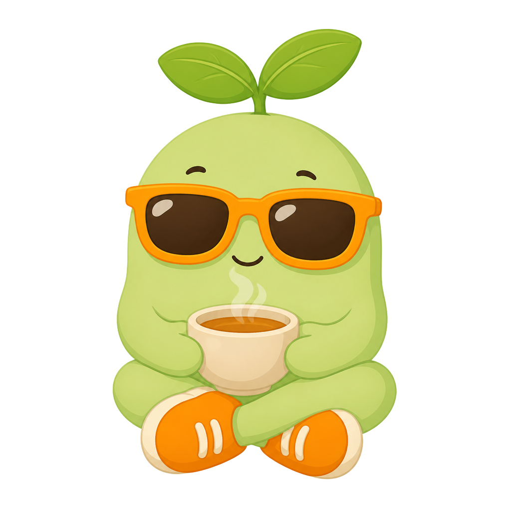 Magic Bean sitting cross-legged with orange sunglasses, holding a warm cup of tea