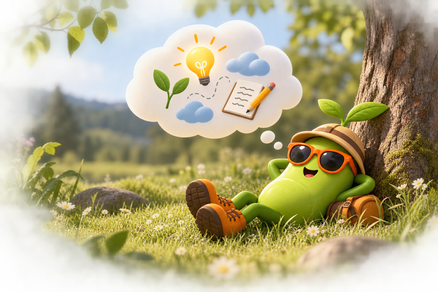 Magic Bean in orange sunglasses resting against a tree, with a thought cloud holding a lightbulb, leaf and notebook
