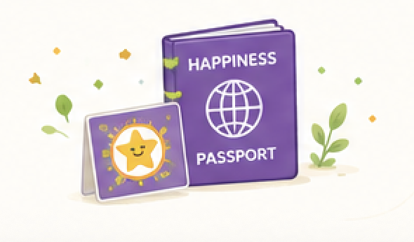 A purple Happiness Passport and a square Happiness Sticker with confetti
