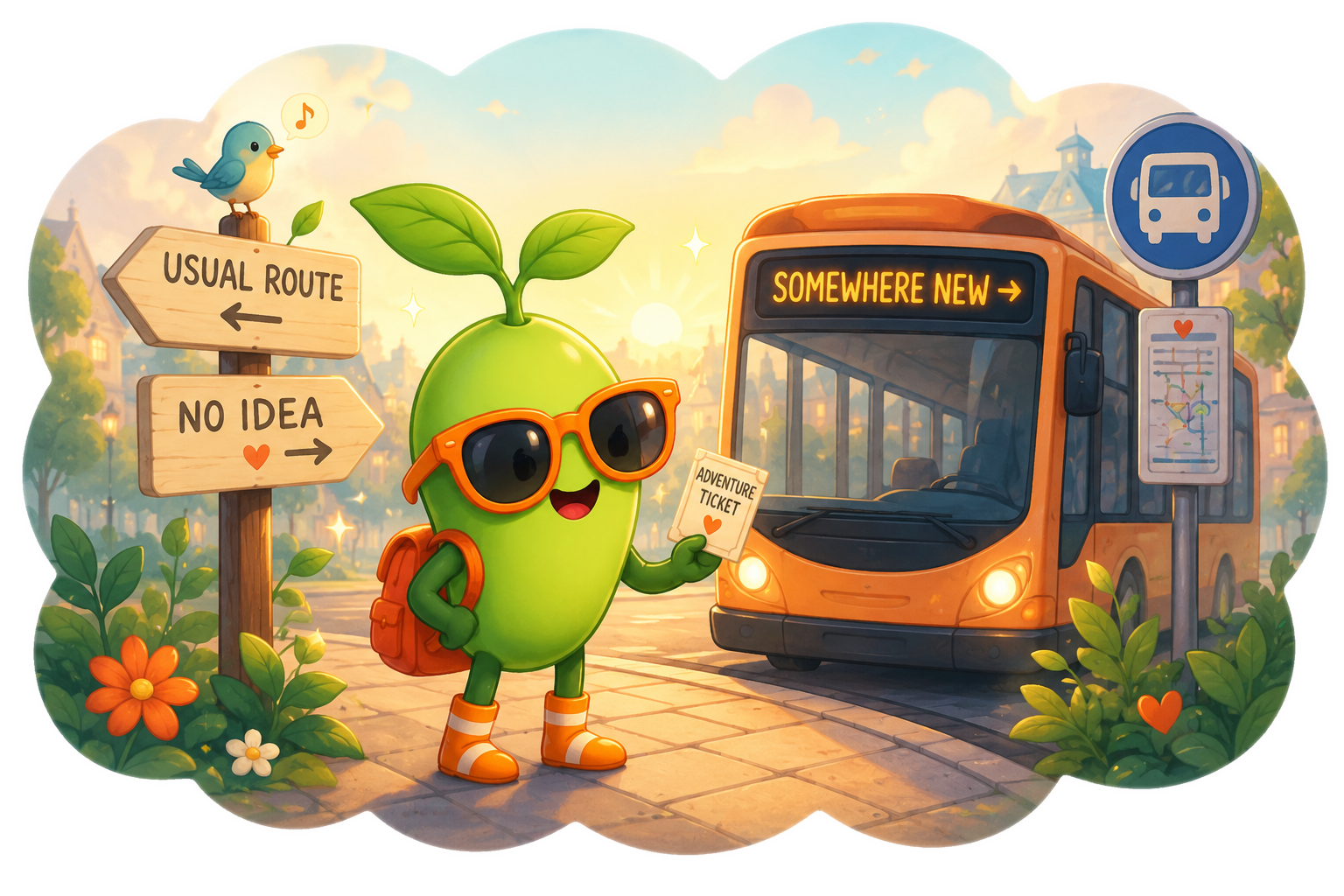 Magic Bean with orange sunglasses and a backpack holding an adventure ticket at a bus stop, next to signposts reading Usual Route and No Idea