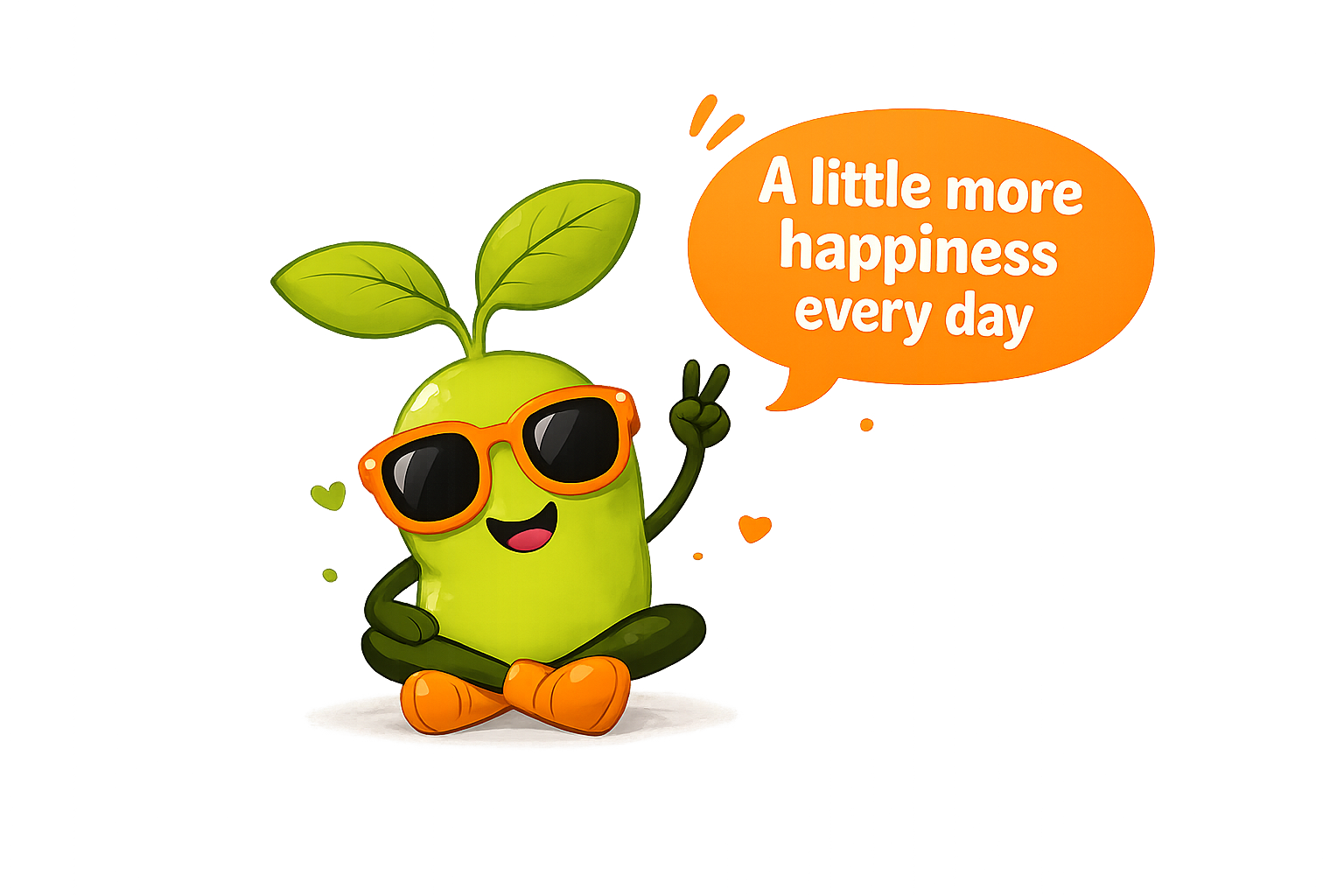 Magic Bean sitting cross-legged, giving a peace sign beside a speech bubble reading A little more happiness every day