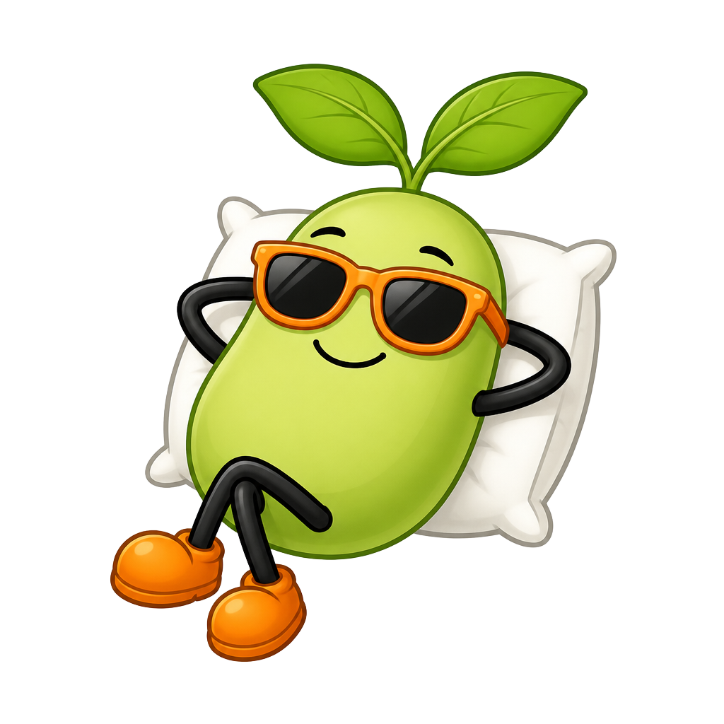 Magic Bean lying back and relaxing with orange sunglasses and orange shoes, resting peacefully