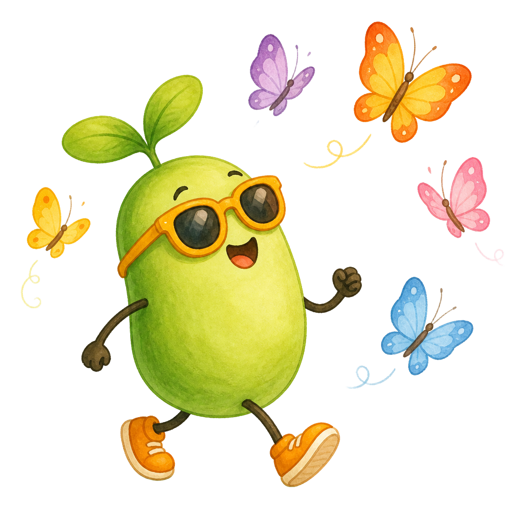 Magic Bean walking happily with orange sunglasses and orange shoes, looking up at colourful butterflies flying around him