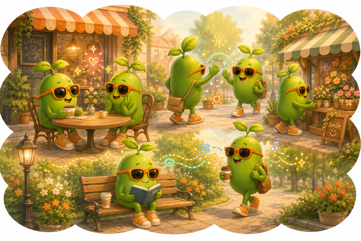 Magic Beans with orange sunglasses sharing coffee, waving, reading on a bench and greeting a flower stall across a sunny cloud-shaped scene