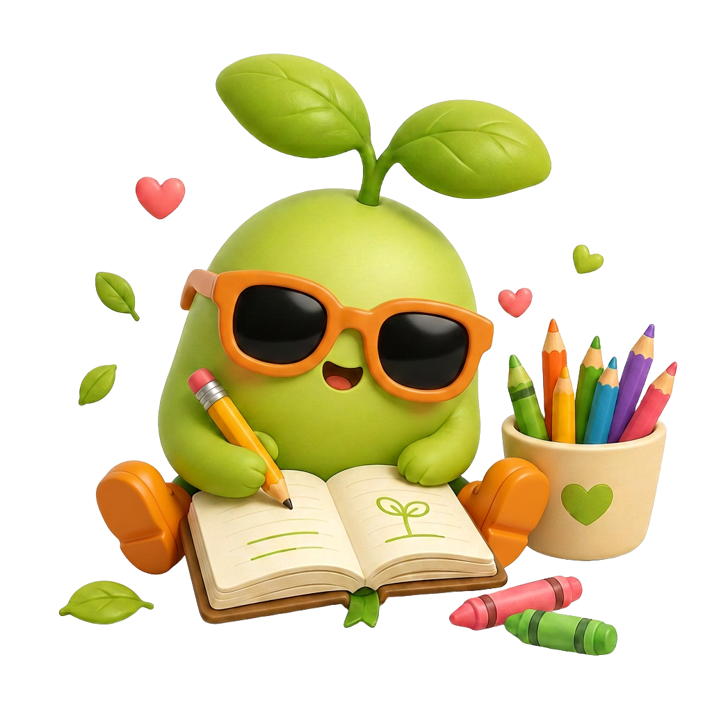 Magic Bean with orange glasses writing in an open notebook with coloured pencils
