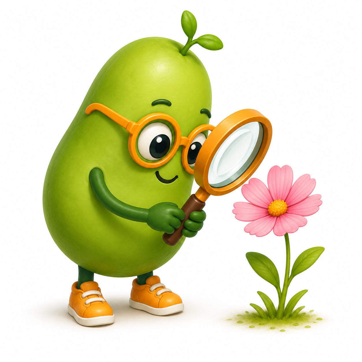 Magic Bean with orange glasses and orange shoes observing a pink flower through a magnifying glass