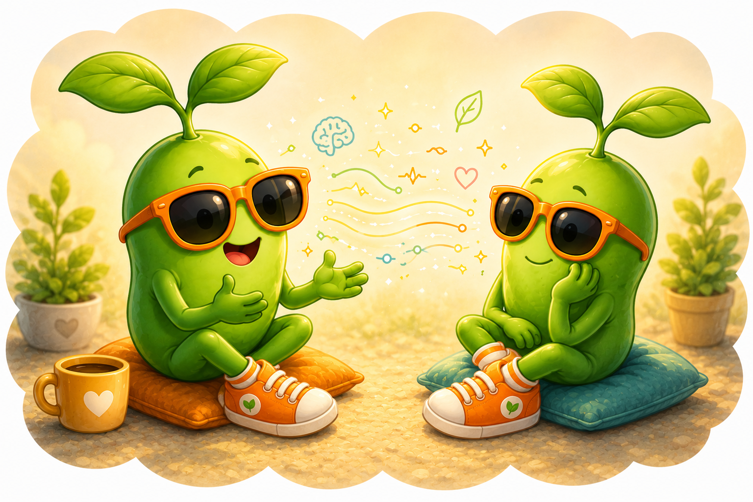 Two Magic Beans with orange sunglasses sitting on cushions in conversation, with sparkles, a brain, a heart and signal lines flowing between them