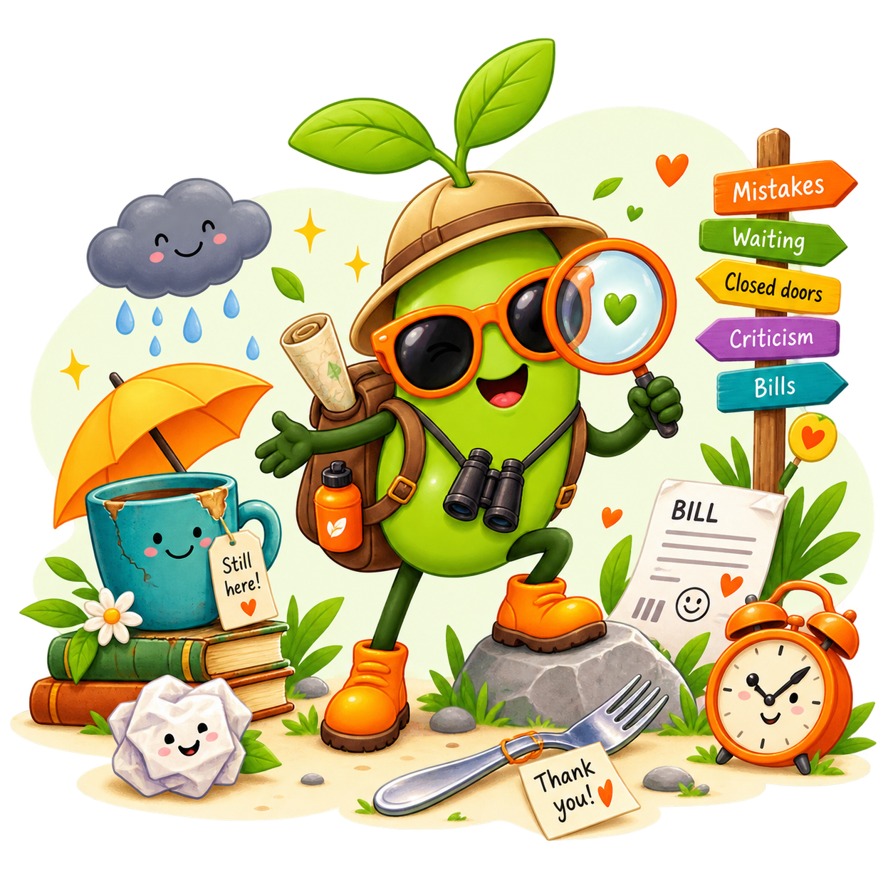 Magic Bean dressed as an explorer with a magnifying glass, discovering hearts in ordinary everyday things