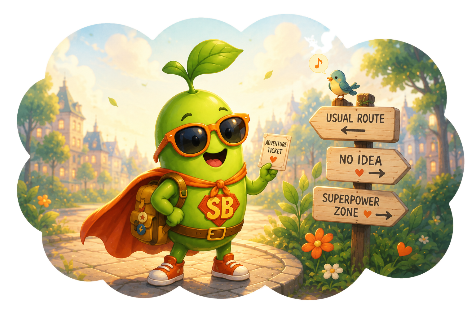 Magic Bean wearing orange sunglasses, a superhero cape and an SB badge, holding an adventure ticket beside signposts reading Usual Route, No Idea and Superpower Zone