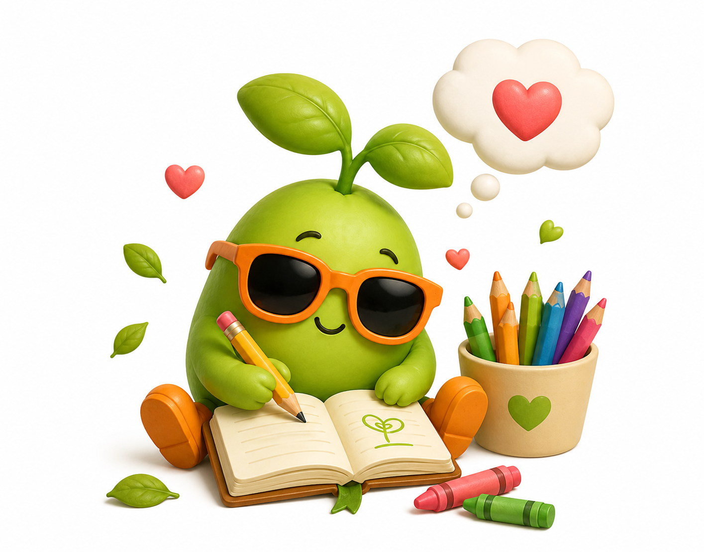 Magic Bean with orange sunglasses and orange shoes writing in a notebook with coloured pencils