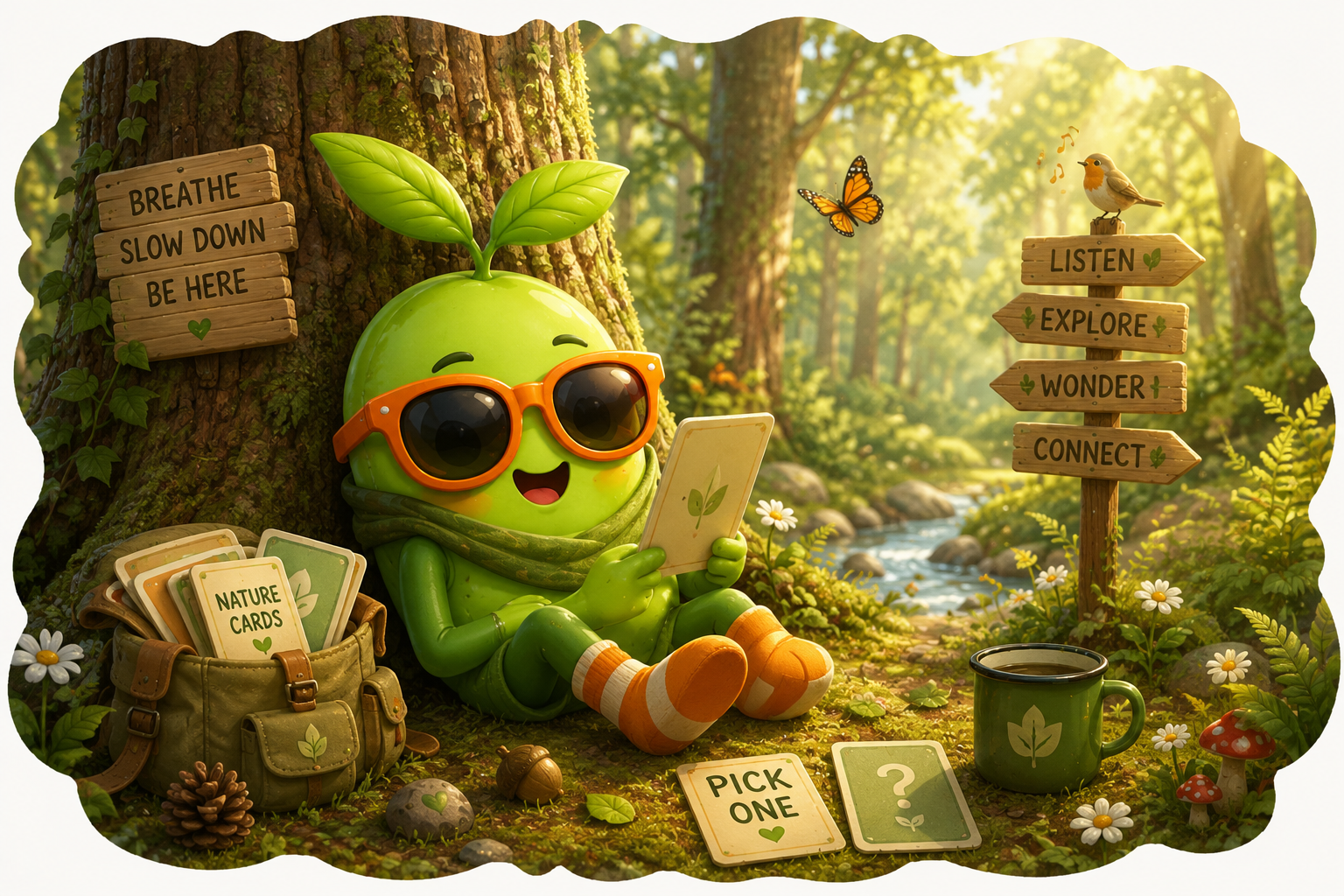 Magic Bean with orange sunglasses resting against a tree in a sunlit forest, holding a mysterious Nature Card beside a bag full of them
