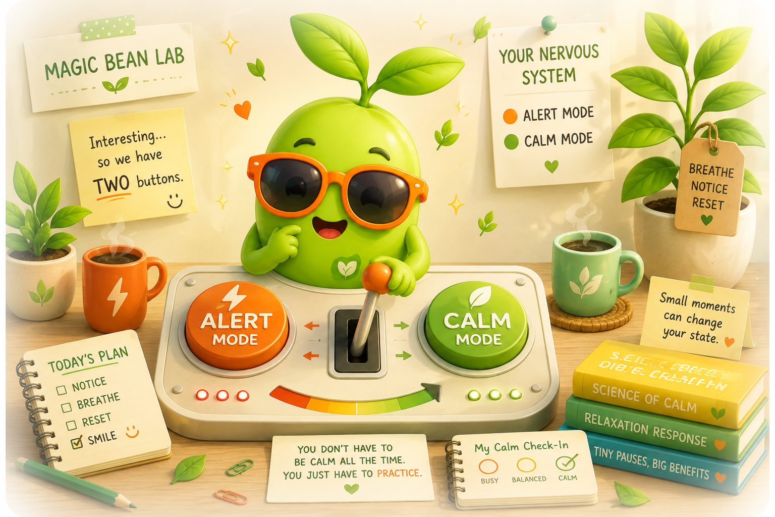 Magic Bean with orange sunglasses at a laboratory control panel with an orange ALERT MODE button and a green CALM MODE button
