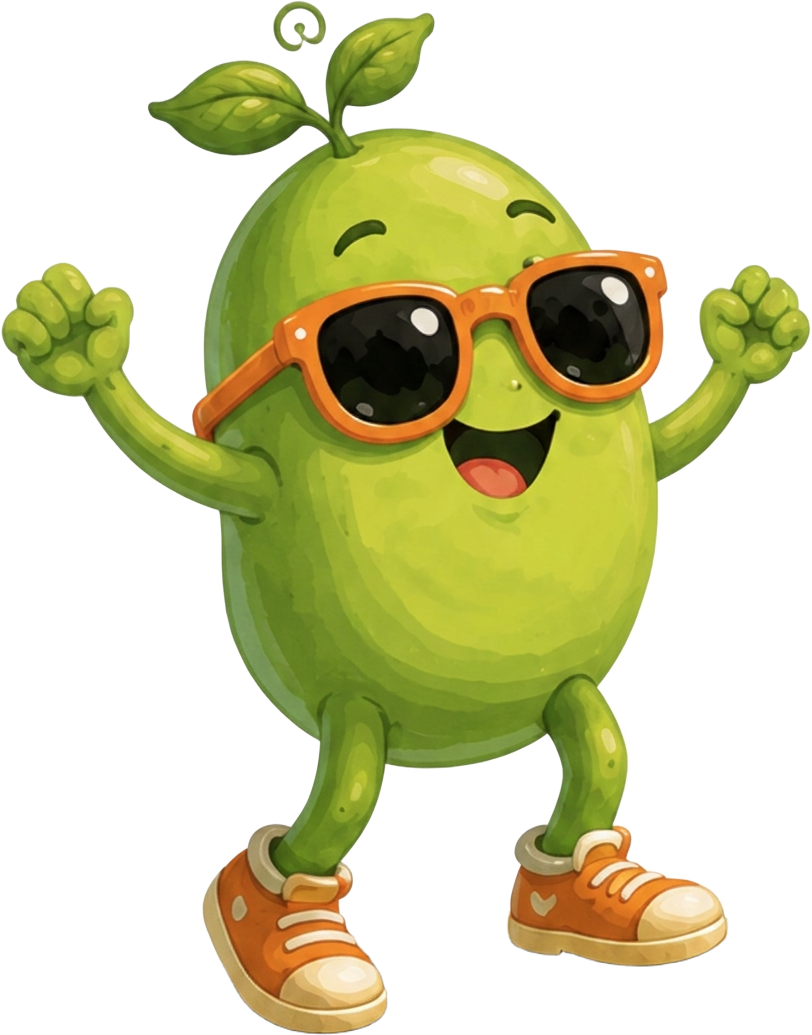 Magic Bean with orange sunglasses and shoes standing on a rocky peak with both arms raised in celebration
