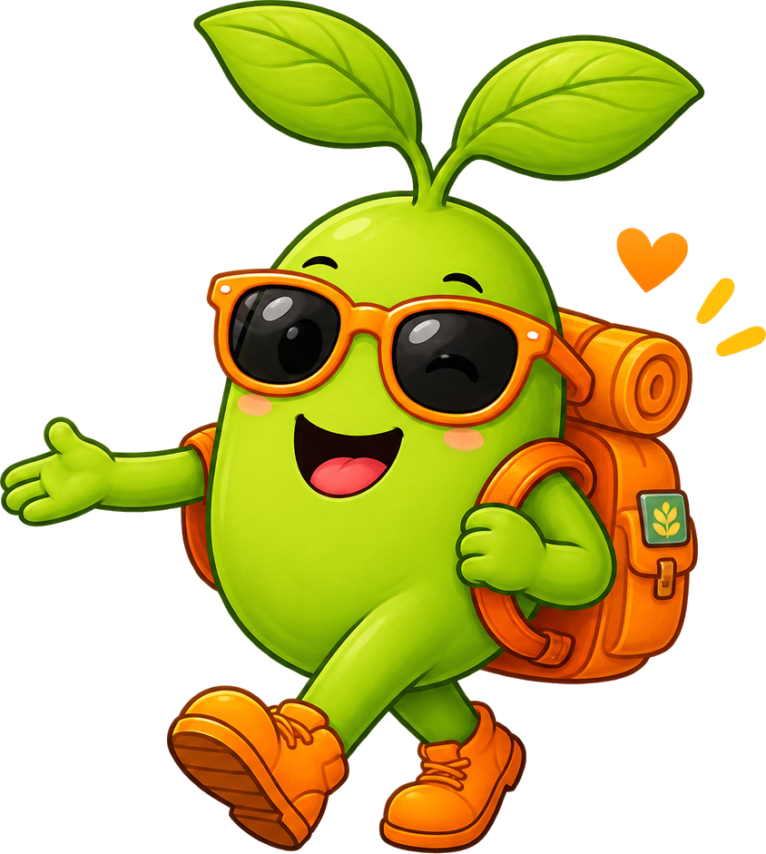 Magic Bean walking with an orange backpack, waving you in
