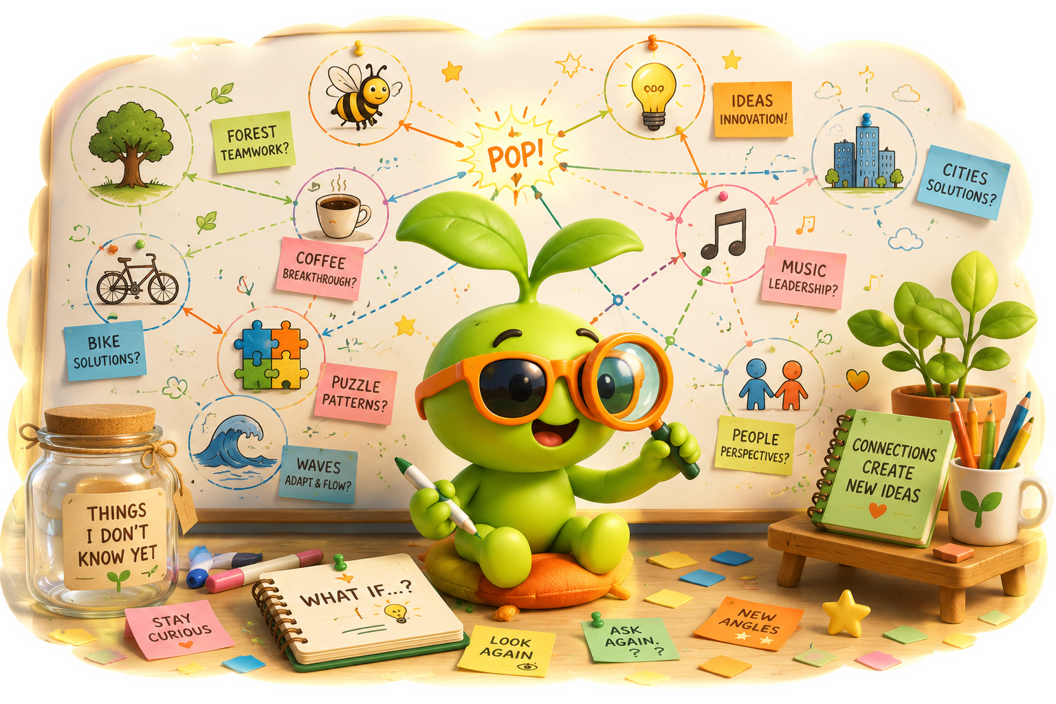 Magic Bean with orange sunglasses holding a magnifying glass in front of a board full of curious questions and connections