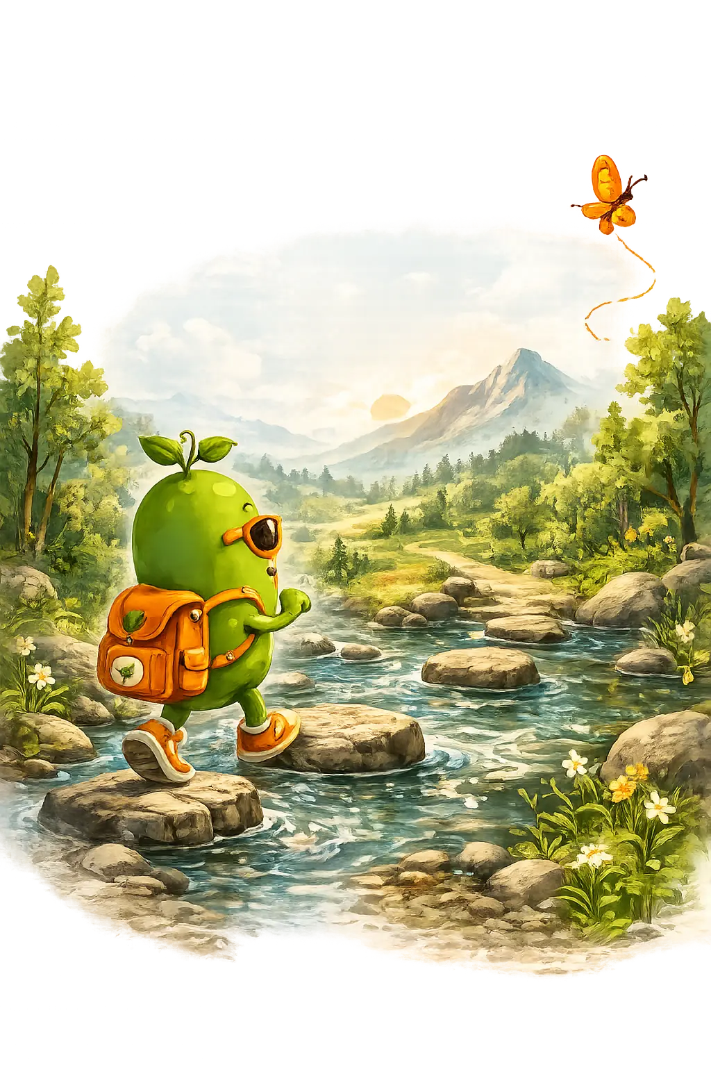 Magic Bean with orange sunglasses and shoes stepping confidently across a tiny stream on stepping stones, with small flowers and a butterfly nearby