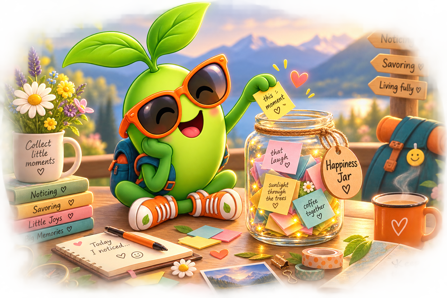Magic Bean with orange sunglasses placing a small folded note into a glowing Happiness Jar