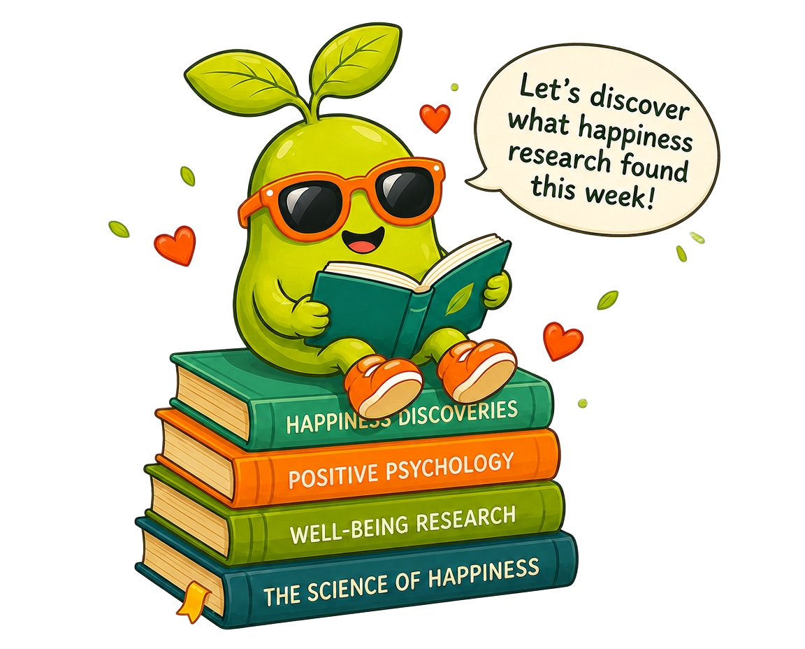 Magic Bean wearing orange sunglasses, reading on a stack of happiness books